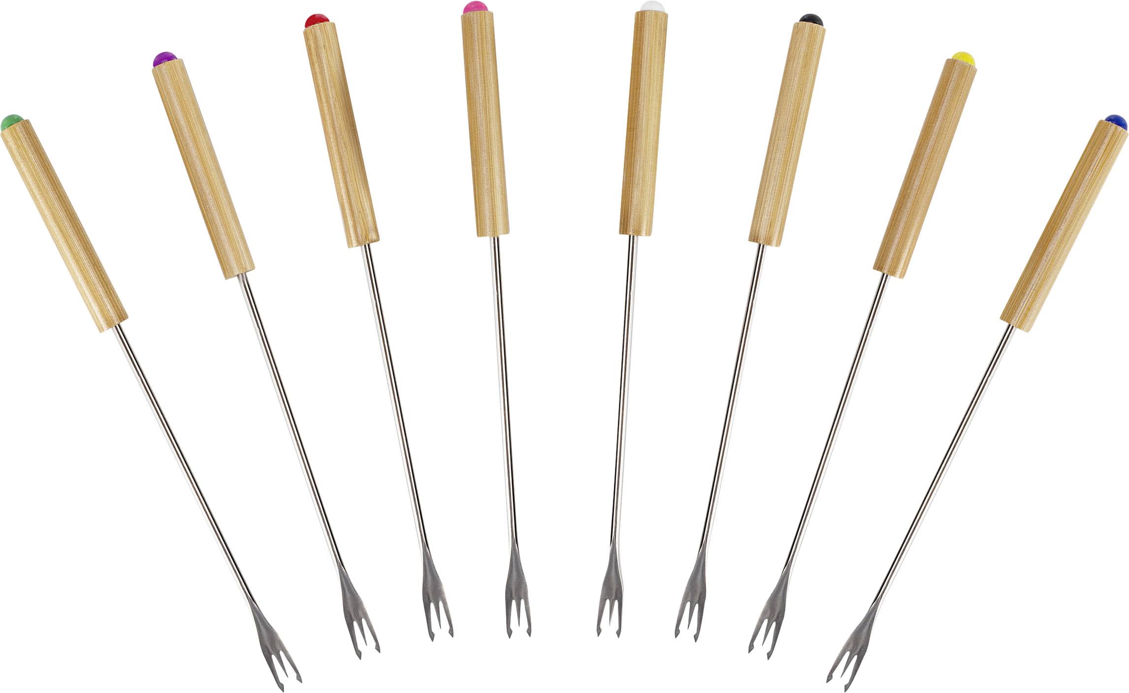 Huit fourchettes à fondue avec de longs manches en métal et des extrémités colorées sur des poignées en bois sont disposées en éventail.