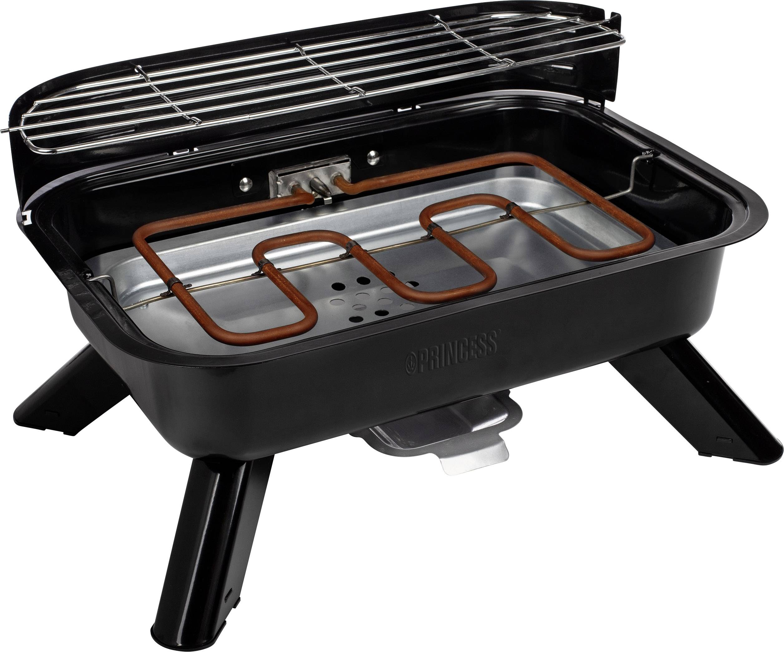 Un grill de table noir avec grille réglable et spirale chauffante, adapté pour une utilisation intérieure et extérieure.