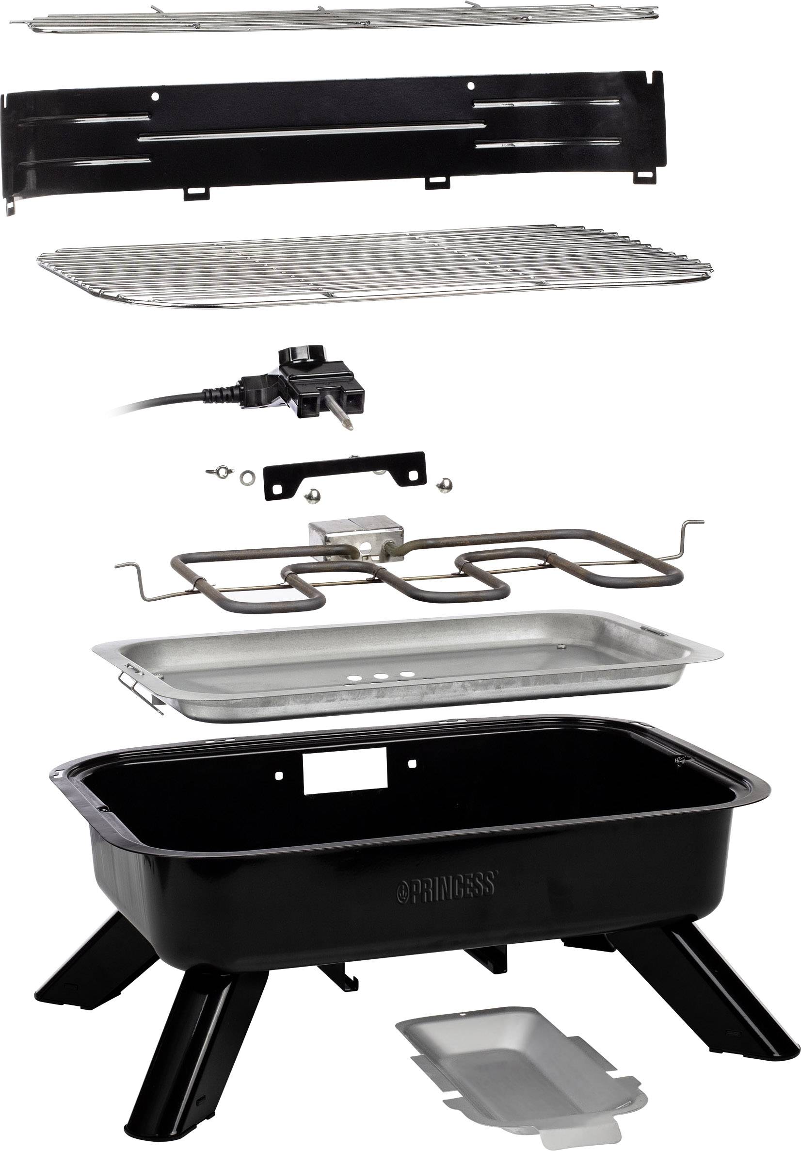 Vue éclatée d'un grill électrique avec grille, élément chauffant, bac à graisse et boîtier, illustrant l'assemblage.