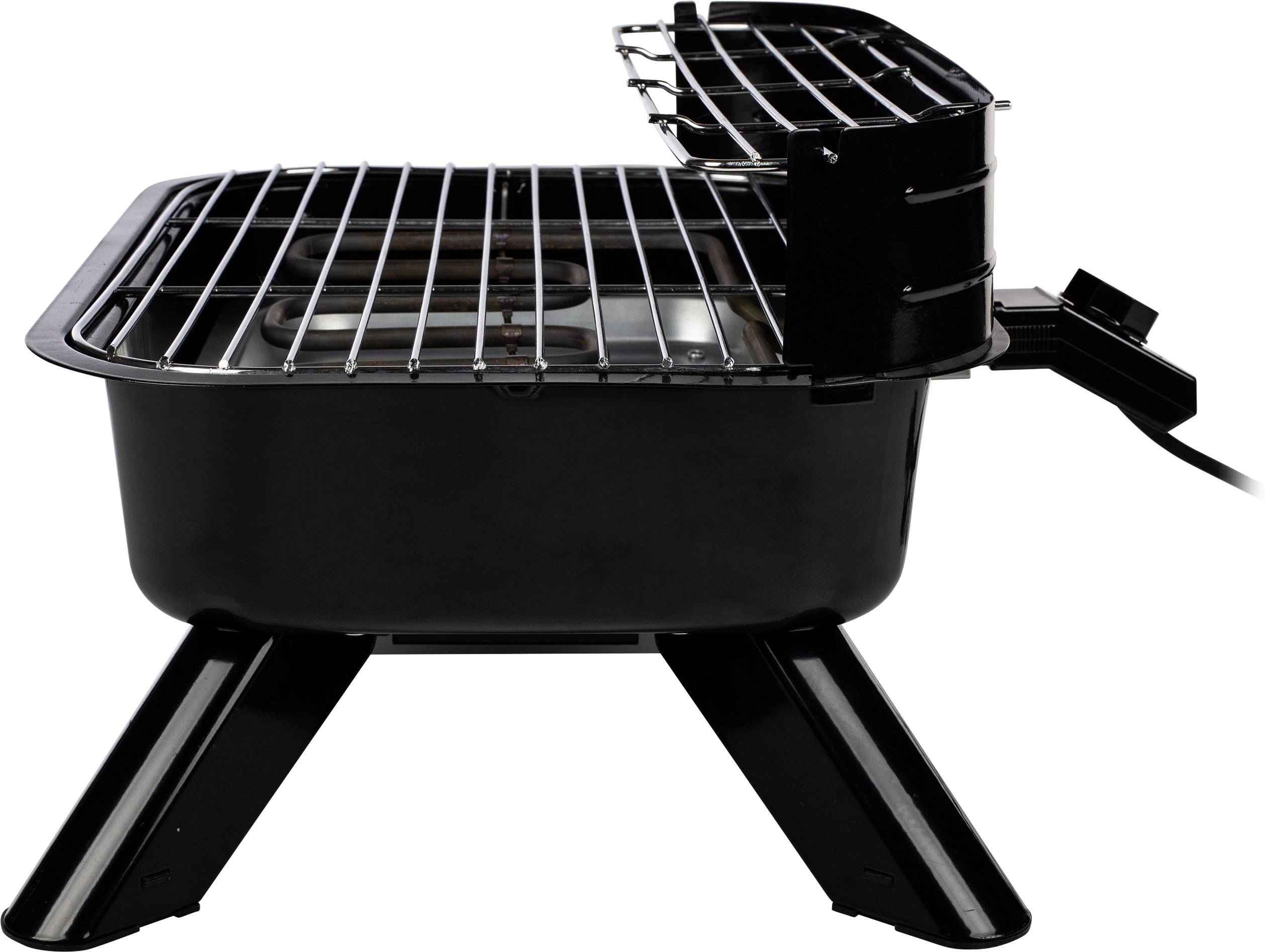 Petit grill de table électrique en noir avec grille en métal, tablette latérale et deux pieds stables. Idéal pour balcon ou terrasse.