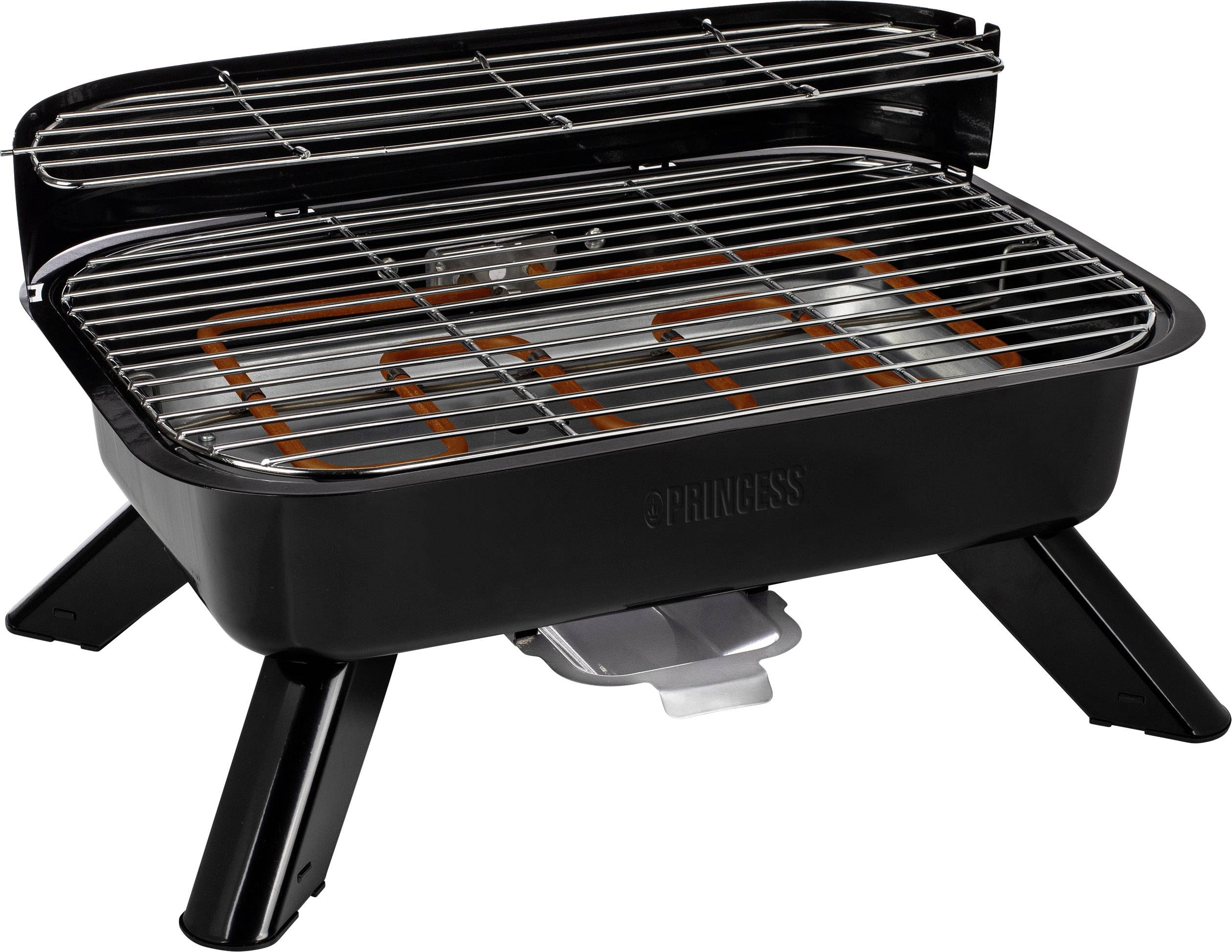 Un grill électrique portable avec un boîtier noir et une grille chromée. Idéal pour une utilisation en extérieur ou sur les balcons.