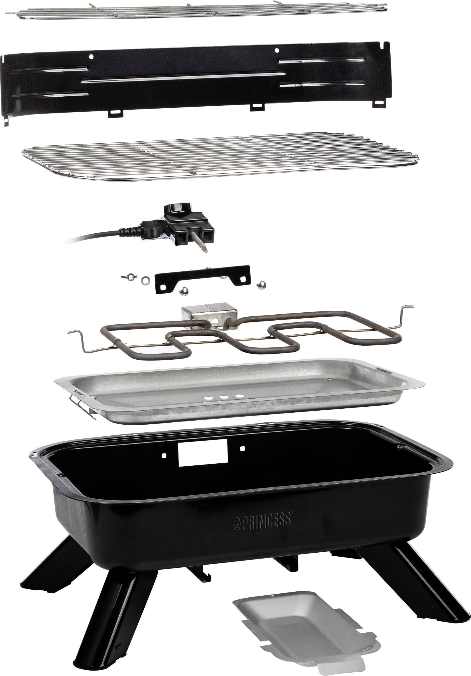 Vue éclatée d'un grill de table électrique avec des pièces amovibles, comprenant la grille de cuisson, l'élément chauffant et le bac de récupération.