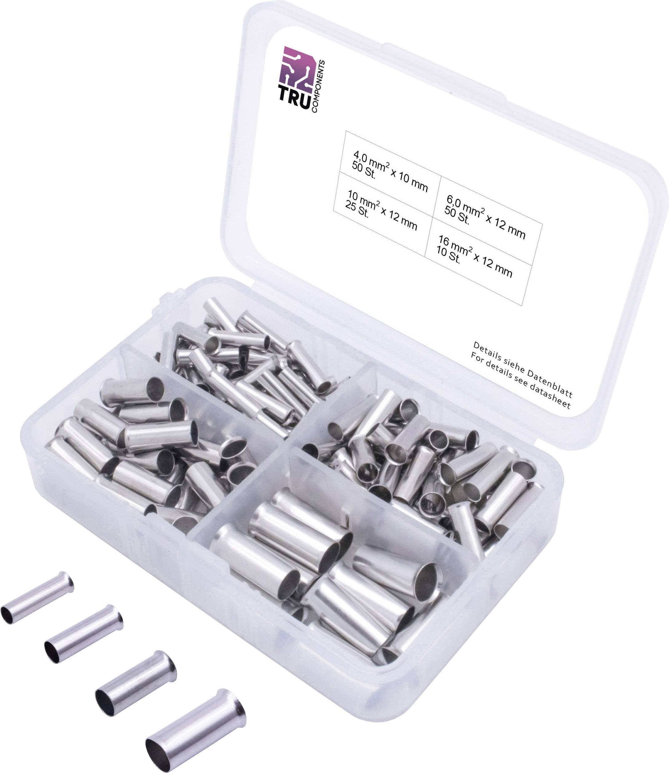 Boîte en plastique compartimentée, remplie de morceaux de tubes en aluminium argentés de différentes tailles.