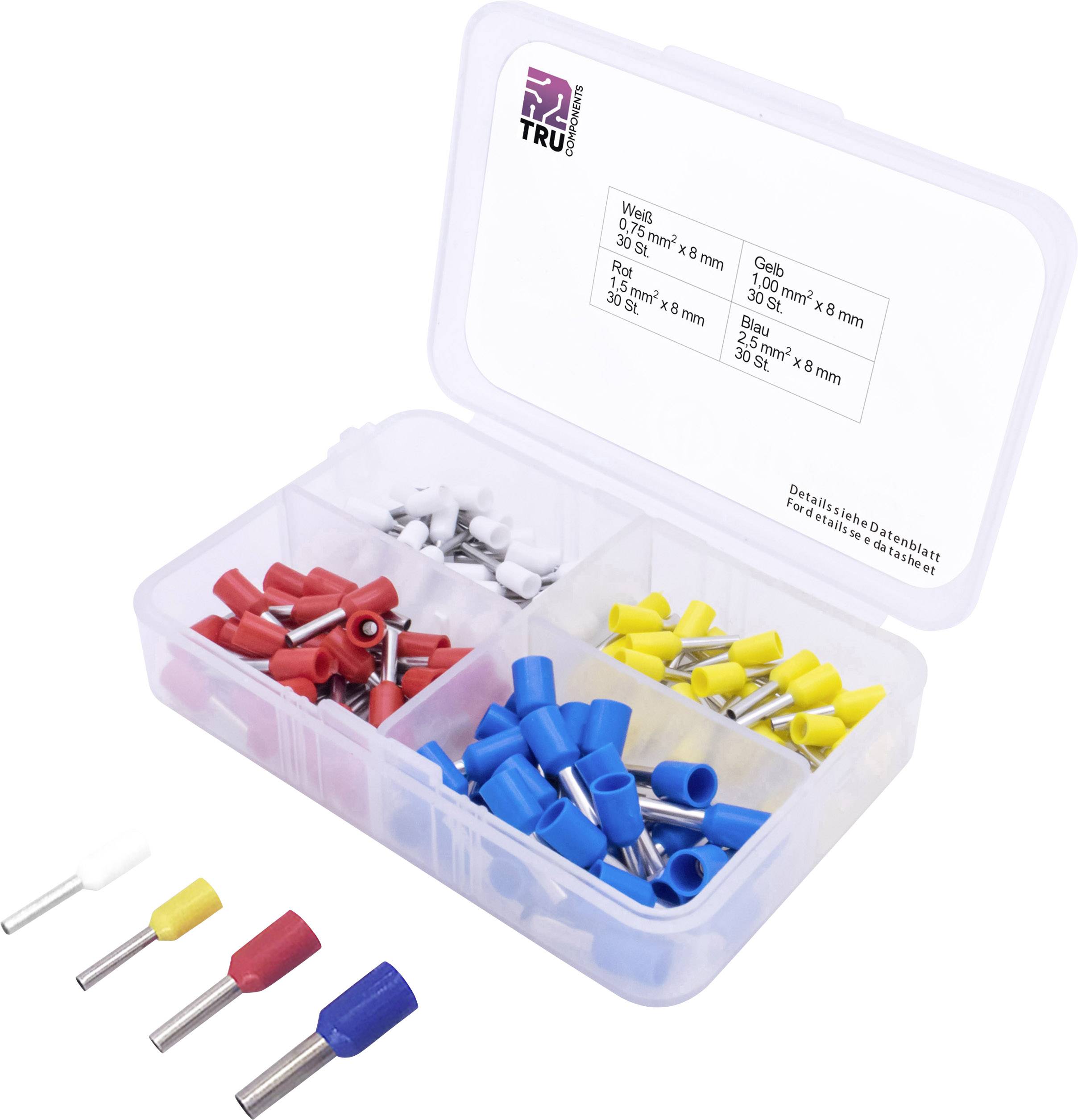 Boîte en plastique transparent contenant différents embouts de câble en blanc, rouge, bleu et jaune, adaptés à différents diamètres de câbles.
