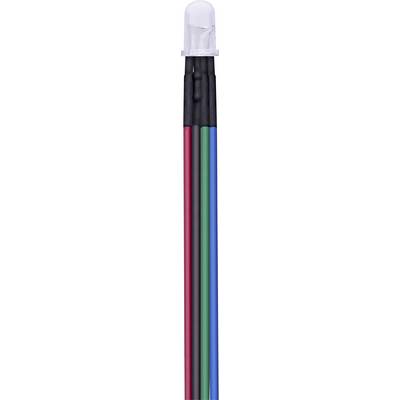 Un câble rouge, noir, vert et bleu sont fixés côte à côte, aboutissant à un composant électronique transparent.