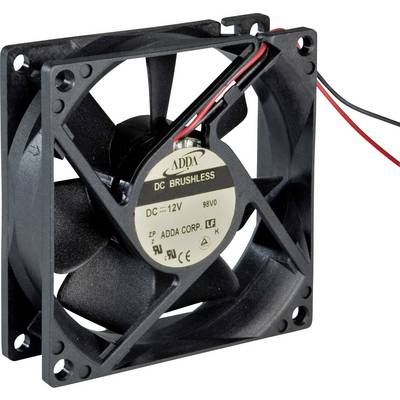 Un ventilateur noir sans balais avec des câbles est visible. L'étiquette indique 'DC 12V 88V0 ADDA CORP'.