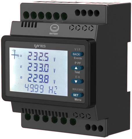 Un appareil de mesure numérique affiche des valeurs de tension de 232,5 V, 233,0 V et 229,8 V, ainsi qu'une fréquence de 49,99 Hz sur un écran.