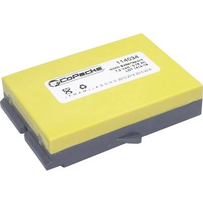 Batterie NiMH rectangulaire jaune avec étiquette du fabricant et spécifications techniques.