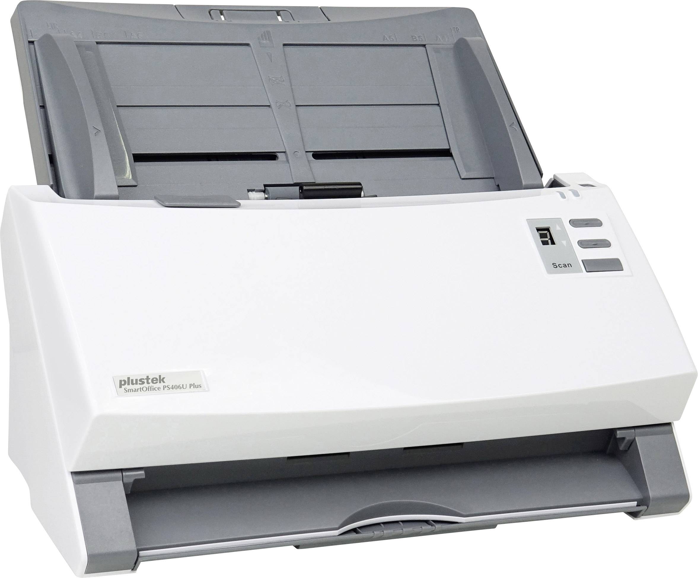 Un scanner de documents blanc avec un chargeur de papier ouvert et un bouton de numérisation.