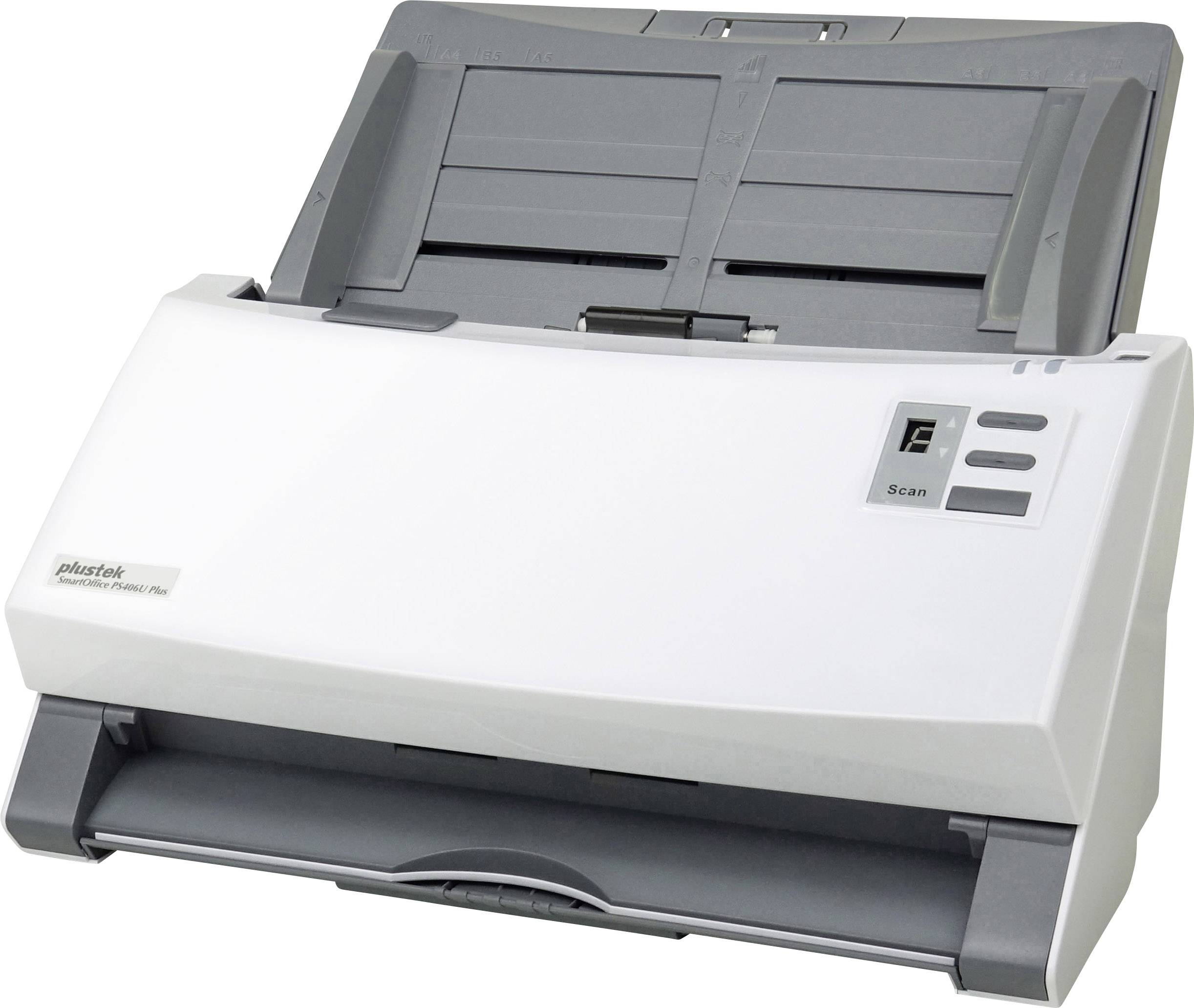 Un scanner de documents blanc et gris avec plusieurs boutons de commande et un bac à papier intégré à l'arrière.