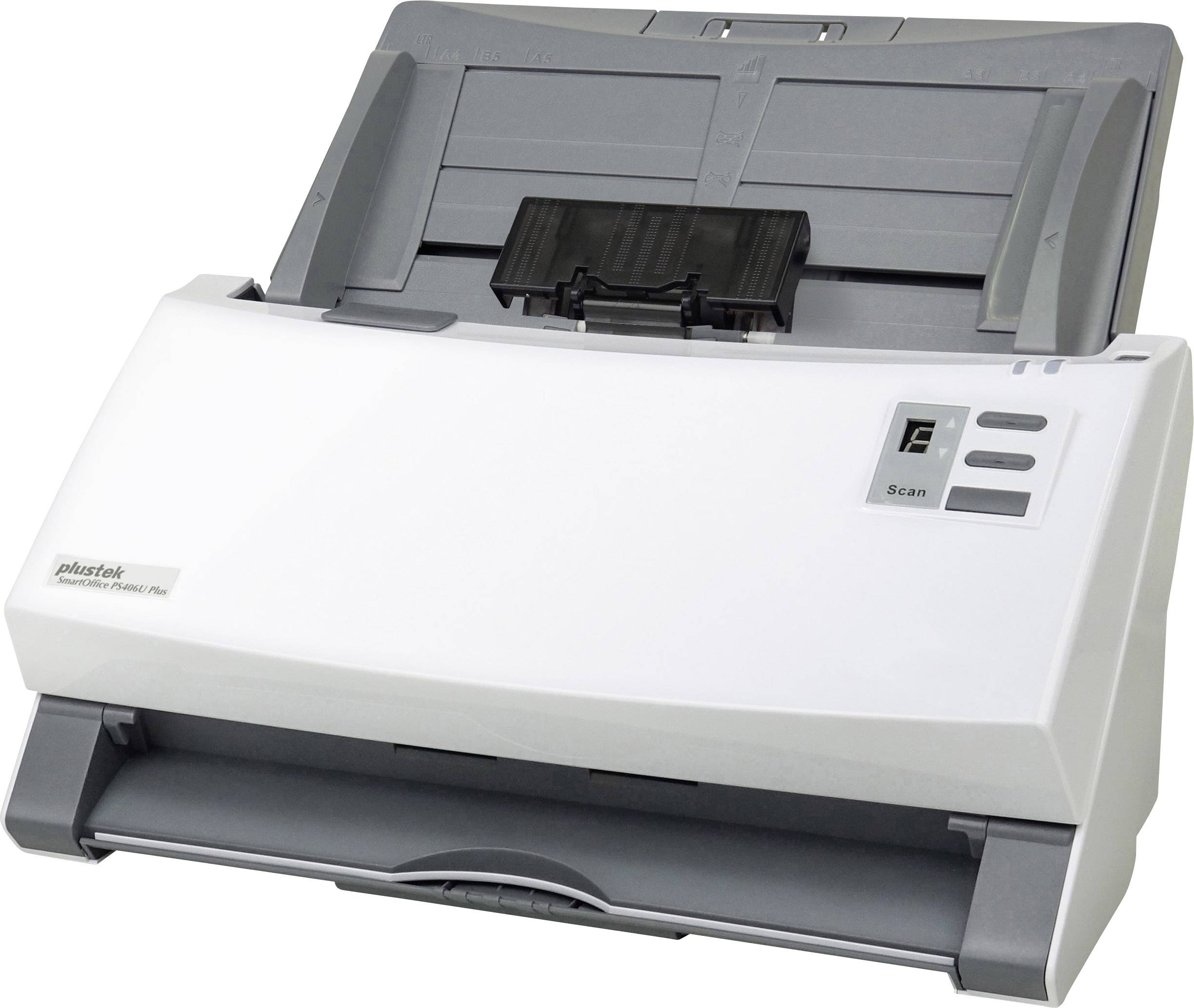 Un scanner de documents blanc avec des accents gris. Sur la face avant se trouvent trois touches avec des symboles d'alimentation, de numérisation et d'erreur.