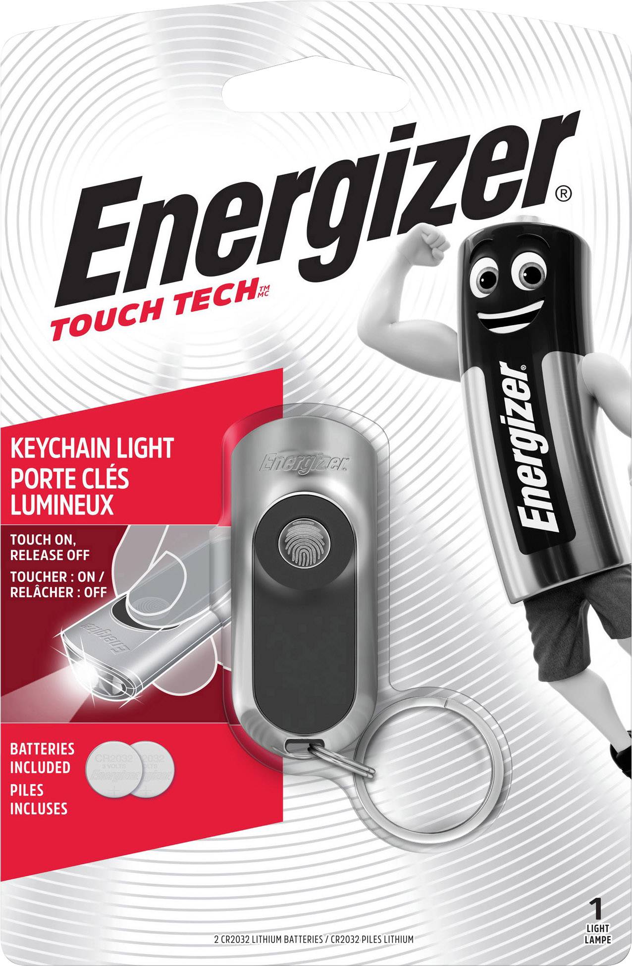 Porte-clés lumineux Energizer avec mascotte de batterie. Comprend un porte-clés lumineux Touch Tech et des piles.