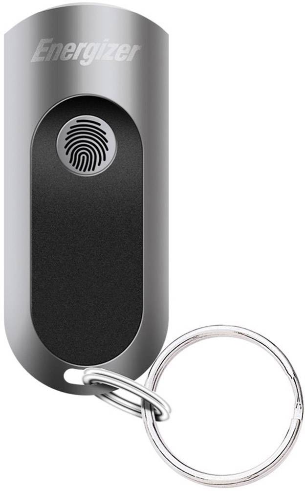 Porte-clés avec scanner d'empreinte digitale intégré, design argenté, logo de marque en haut, anneau rond pour clés en bas.