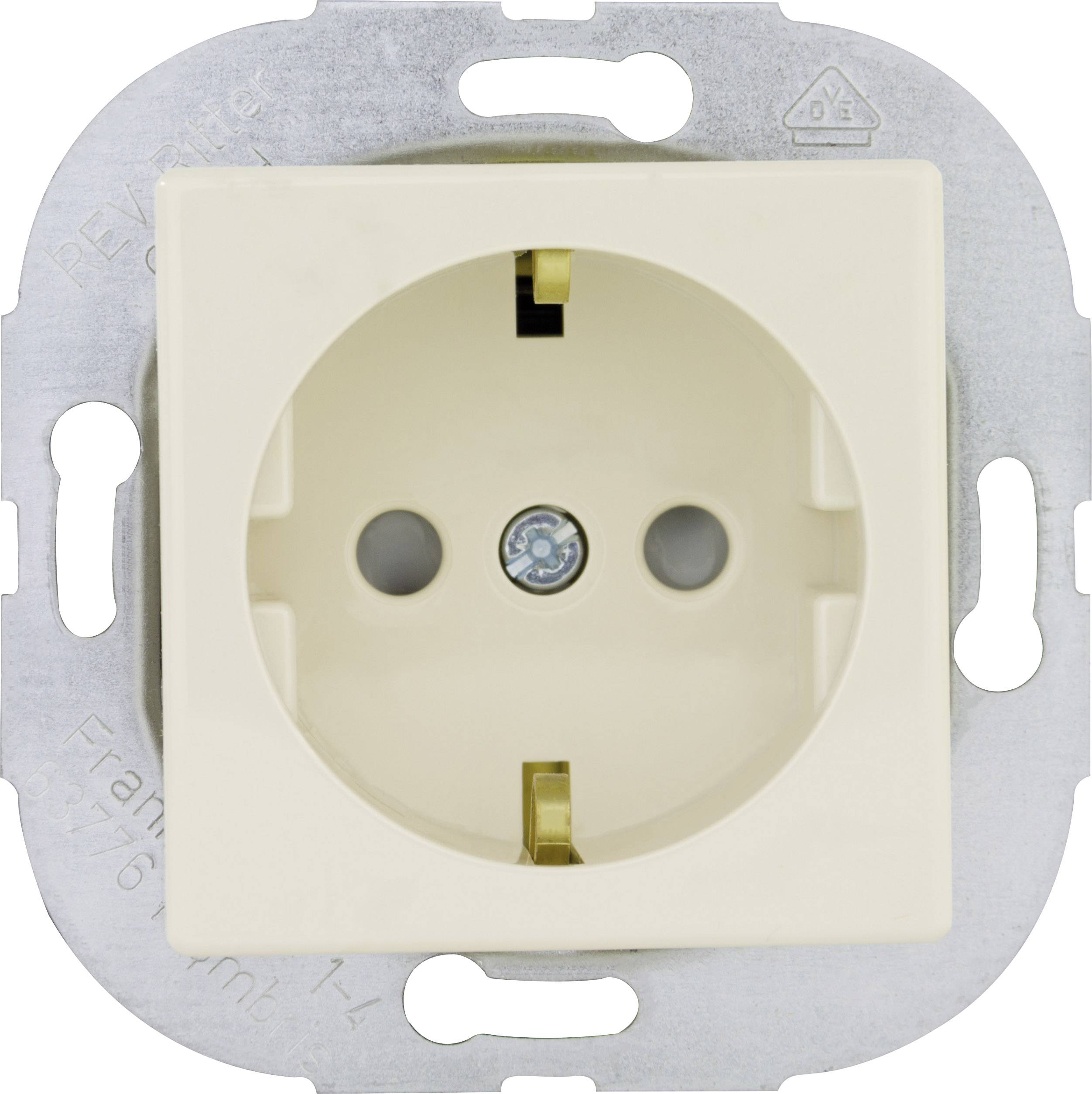 Une prise de courant beige dans un support métallique, prête à être fixée au mur.