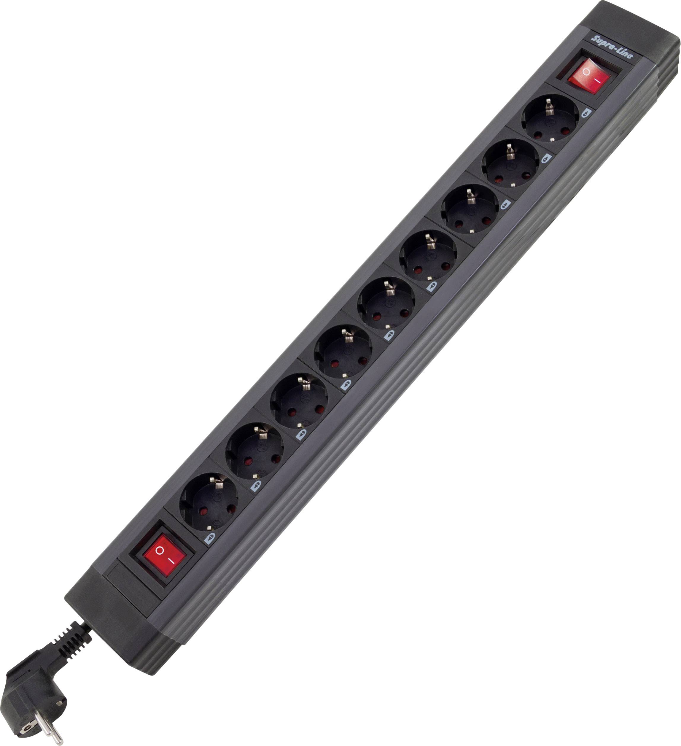 Multiprise avec dix prises électriques et deux interrupteurs rouges de commande, boîtier noir.
