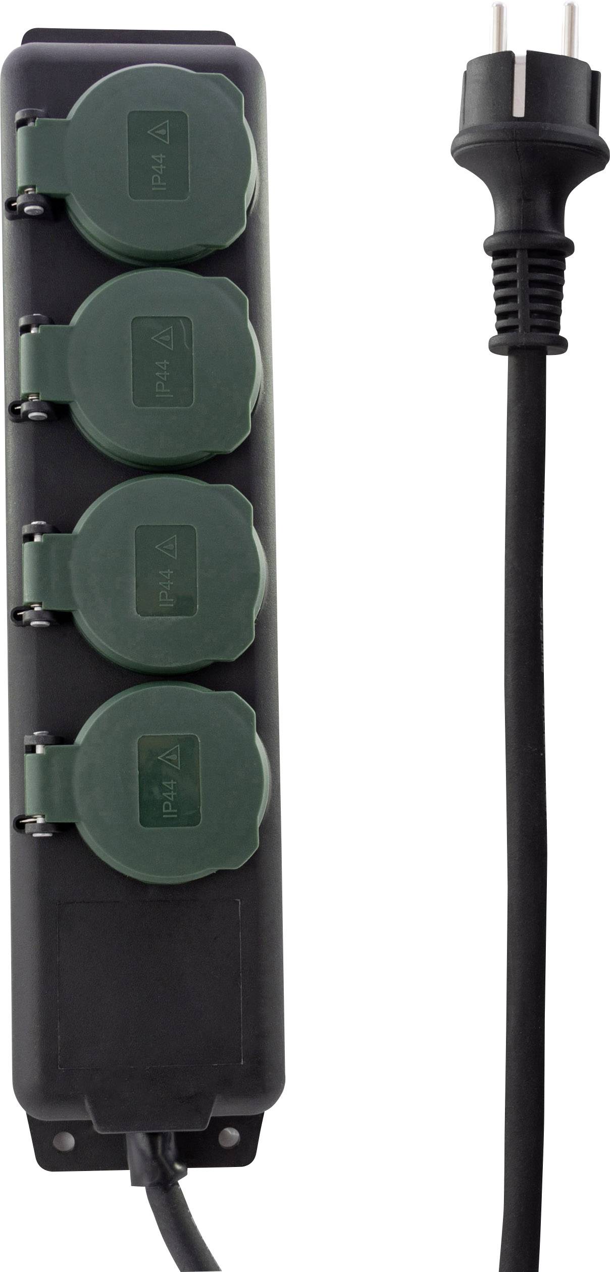 Une multiprise noire avec quatre emplacements verts et un câble secteur noir.