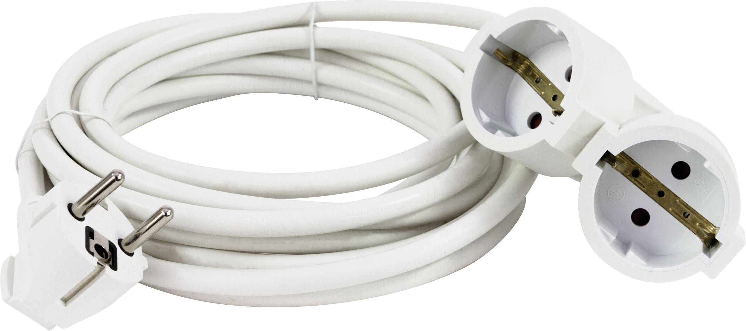 Un câble d'extension blanc avec deux prises électriques et une fiche, enroulé. Adapté pour une utilisation intérieure pour la connexion électrique.