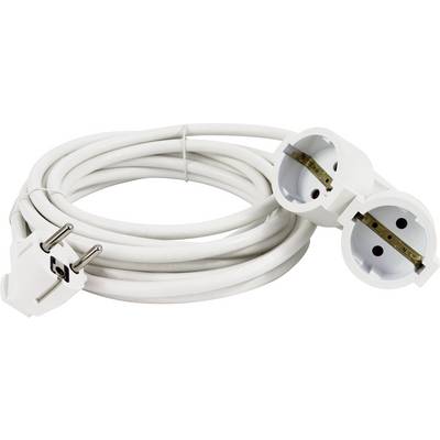 Un câble d'extension blanc avec deux prises électriques et une fiche, enroulé. Adapté pour une utilisation intérieure pour la connexion électrique.