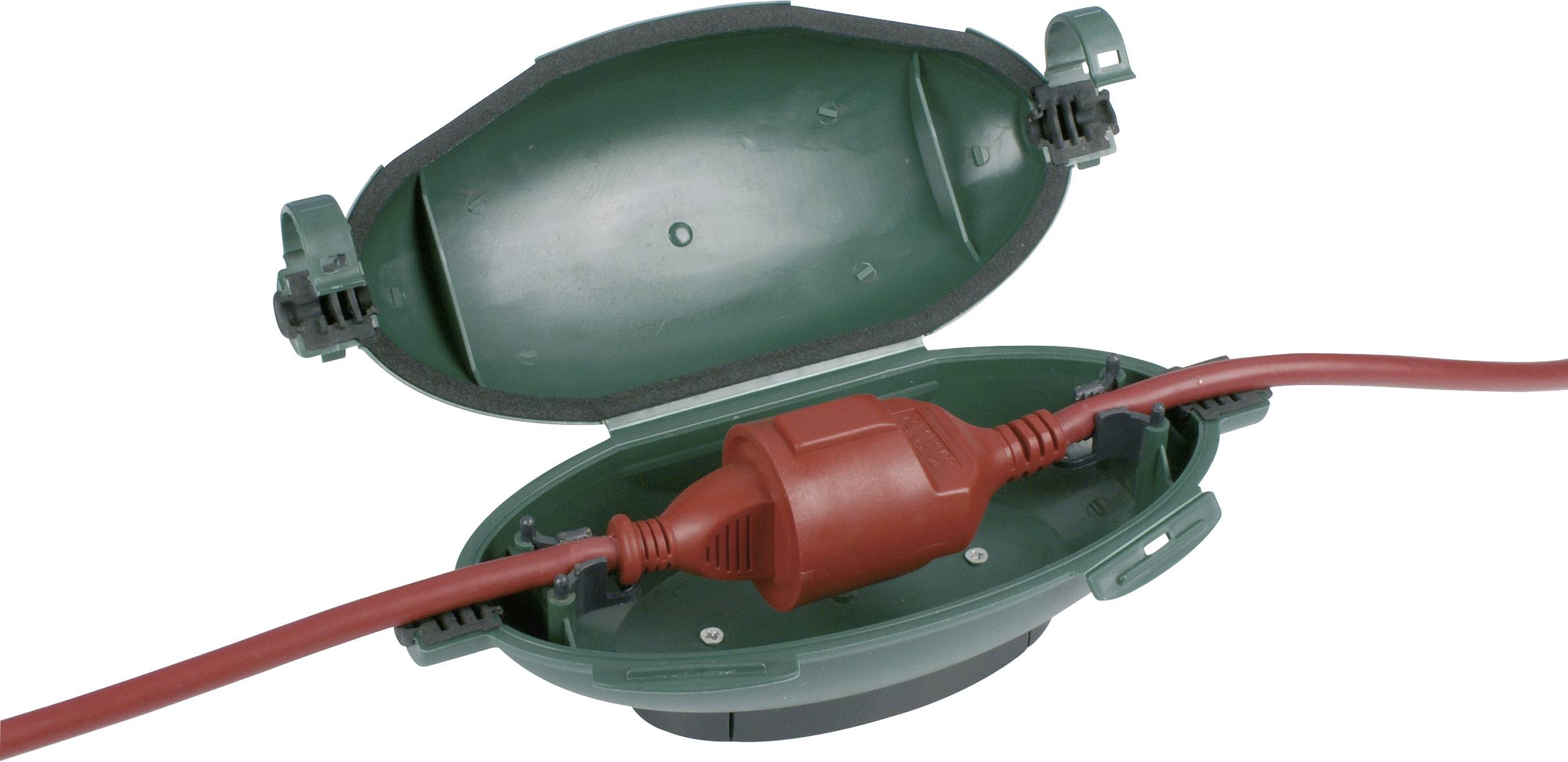 Boîtier vert oval avec couvercle ouvert contenant une rallonge rouge connectée pour une protection contre l'humidité.
