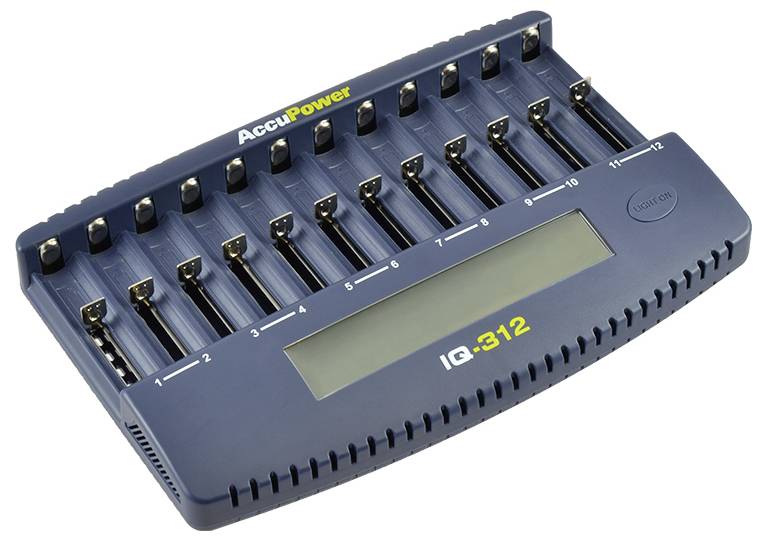 Chargeur de batteries à 12 emplacements avec affichage numérique ; Marque 'AccuPower', Modèle 'IQ-312'.