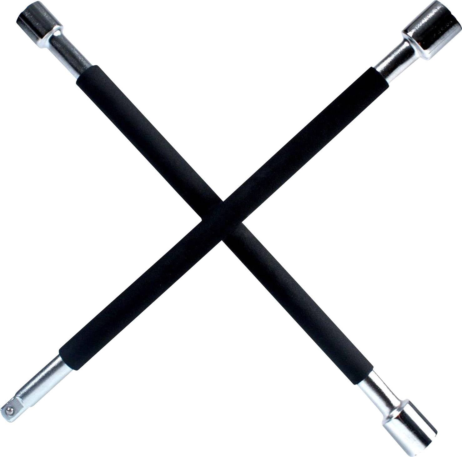 Deux clés à roue croisées avec une poignée noire et des extrémités métalliques formant un X.