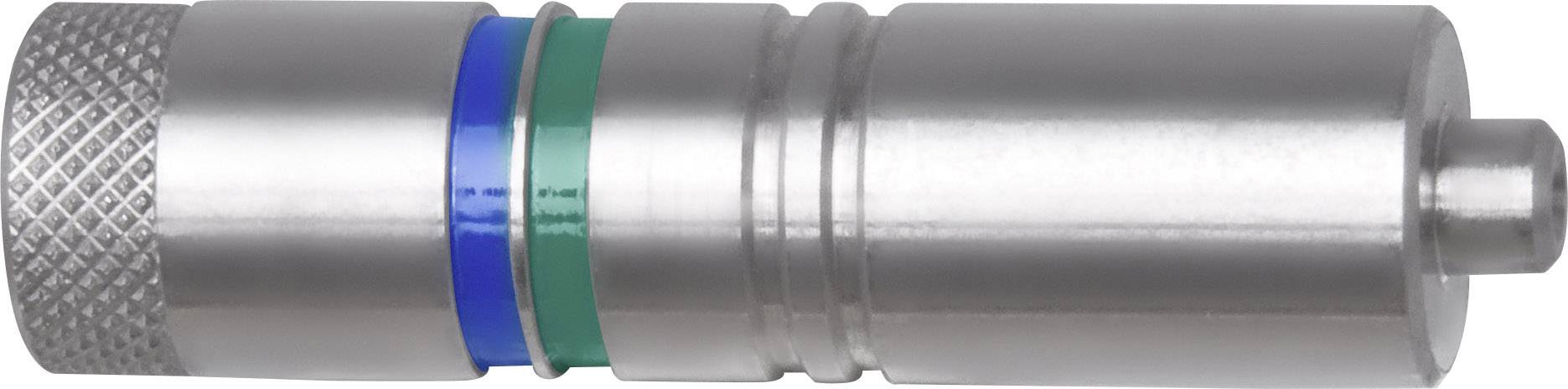Raccord cylindrique argenté avec des bagues bleues et vertes, probablement partie d'un système pneumatique ou d'un système de connexion hydraulique.