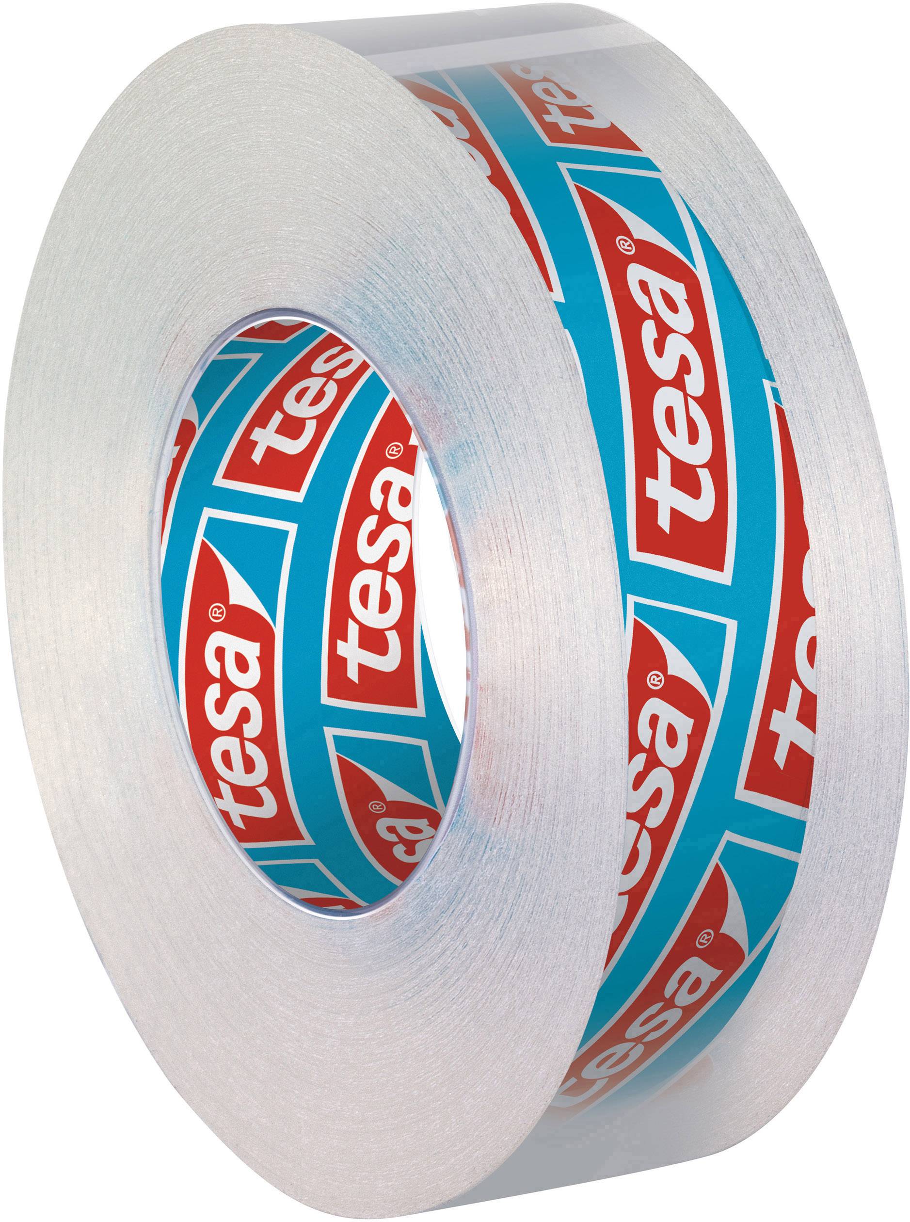 Un rouleau de ruban adhésif transparent avec le logo rouge 'tesa' sur un fond bleu.