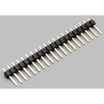 Un connecteur à barrette de broches à 20 broches avec des parties isolantes en plastique noir et des broches dorées sur un fond gris.