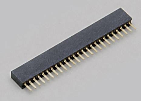 Un connecteur mâle à broches noir de 40 broches avec des contacts dorés sur un fond gris.
