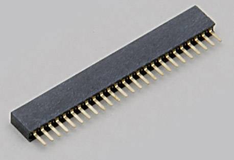 Un composant électronique, un connecteur à barrette à broches avec 40 broches dorées, sur un fond gris.