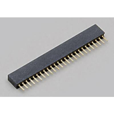 Un connecteur électronique noir rectangulaire avec plusieurs broches de contact dorées, adapté aux connexions de circuits imprimés.