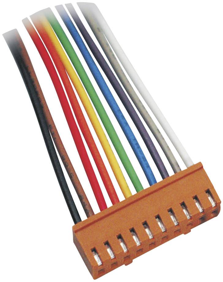 Groupe coloré de câbles électriques avec un connecteur orange, montrant différentes connexions pour l'alimentation électrique ou la transmission de données.