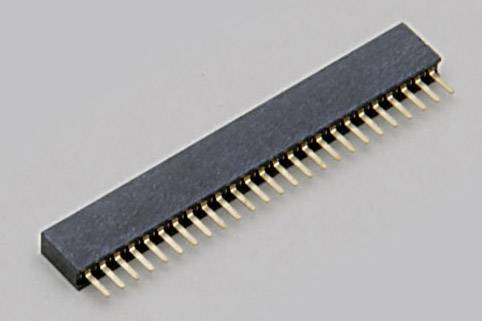 Un connecteur électronique avec une rangée de broches dorées sur un fond gris.