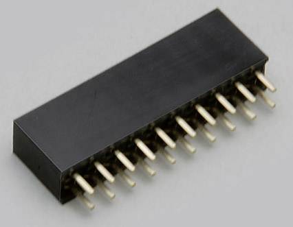 Un connecteur noir rectangulaire avec de nombreuses broches dorées sur sa face inférieure, utilisé pour les connexions électroniques.