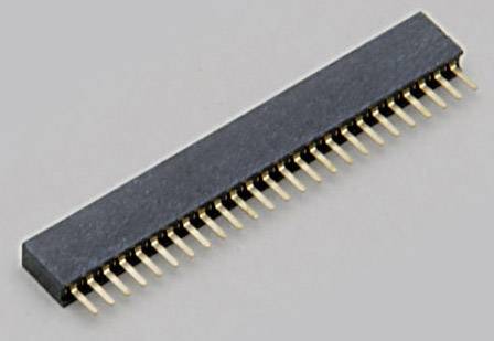 Une prise électrique noire avec plusieurs broches dorées dépassant de sa face inférieure. Elle sert à connecter des circuits électroniques.