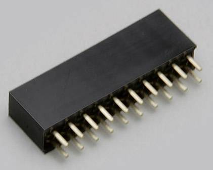 Un connecteur électronique noir avec des broches dorées, aligné horizontalement sur un fond gris.