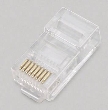 Un connecteur RJ-45 transparent, utilisé pour les connexions Ethernet, présente huit contacts dorés sur une surface grise.