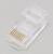 Un connecteur RJ-45 transparent, utilisé pour les connexions Ethernet, présente huit contacts dorés sur une surface grise.