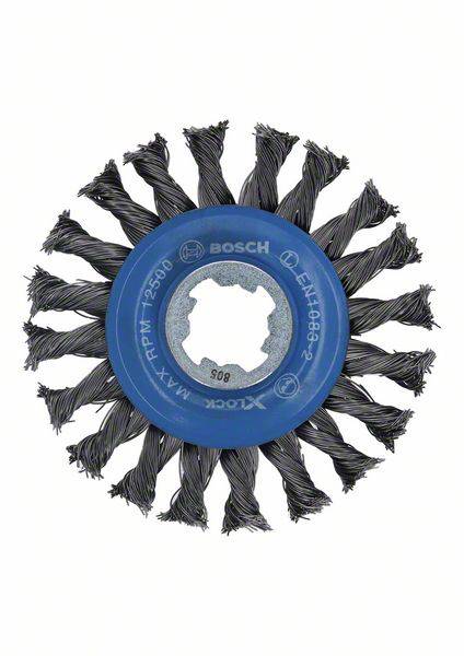 Brosse métallique circulaire avec centre bleu, adaptée pour enlever la rouille ou la peinture des surfaces métalliques. Logo de marque et spécifications visibles.