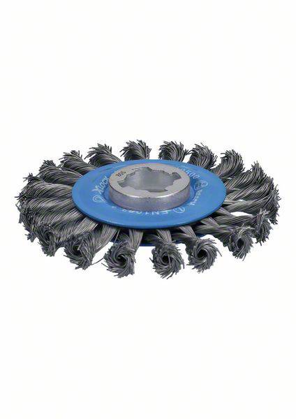 Embout à brosse métallique avec poils torsadés pour meuleuse d'angle, adapté pour éliminer la rouille et la peinture des surfaces métalliques.