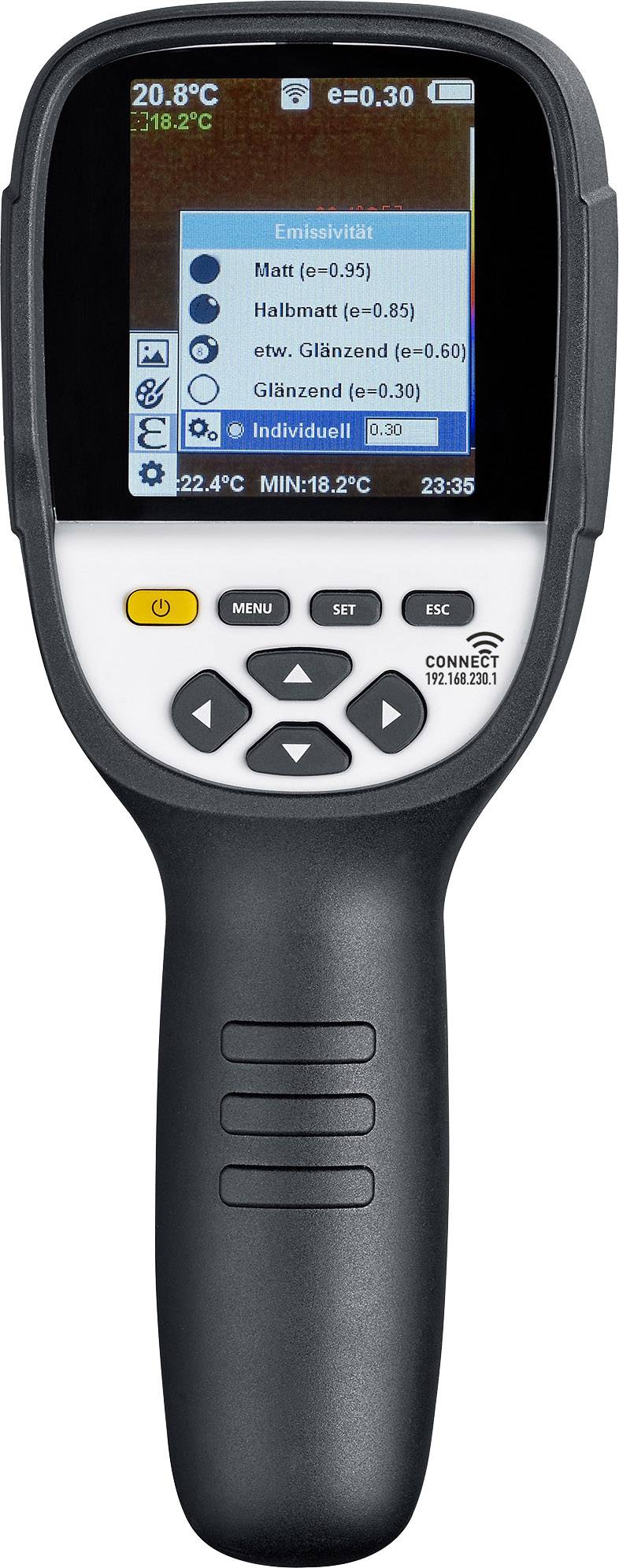 Un thermomètre infrarouge portable affiche sur son écran différents degrés d'émissivité, notamment « Mat », « Semi-mat » et « Brillant ».