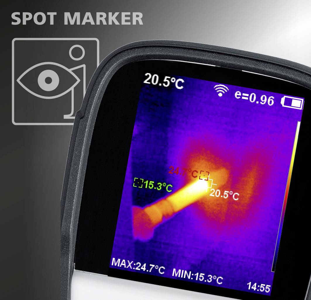 Caméra thermique affiche les différences de température avec une échelle de couleurs. L'écran indique 20,5°C. Des symboles de marquage ponctuel et de niveau de batterie sont visibles.