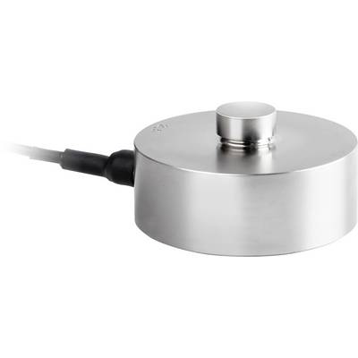 Un dispositif argenté, rond, muni d'un embout cylindrique plat et d'une connexion par câble, probablement un capteur ou une cellule de pesage.