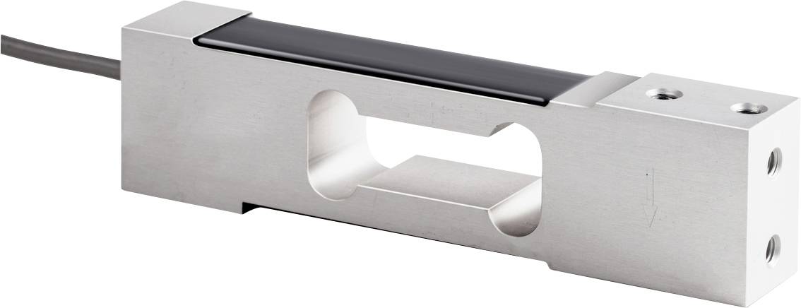 Une cellule de pesage en argent métallique avec un insert noir et un raccordement de câble, utilisée pour la mesure du poids dans des applications industrielles.
