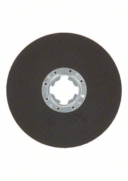 Un disque de meuleuse noir avec un moyeu métallique, symétrique et inutilisé, sur un fond blanc.