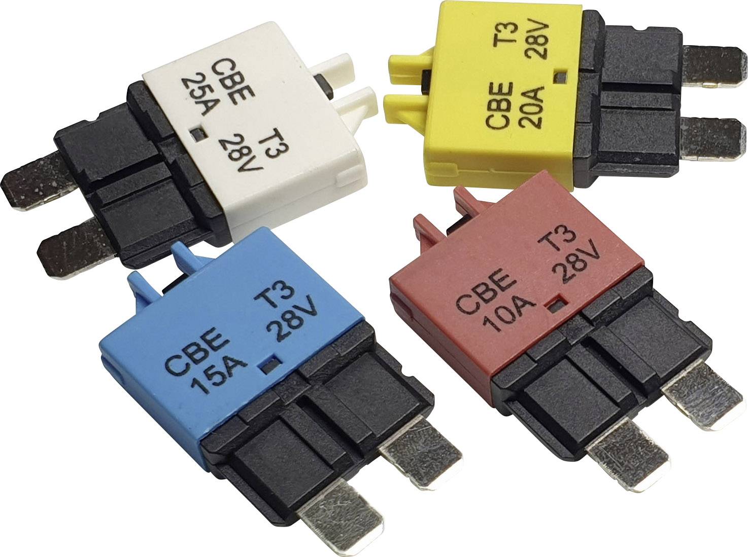 Quatre fusibles de différentes couleurs (jaune, bleu, rouge, blanc), chacun étiqueté 'CBE T3' avec des valeurs d'ampères et de volts différentes.