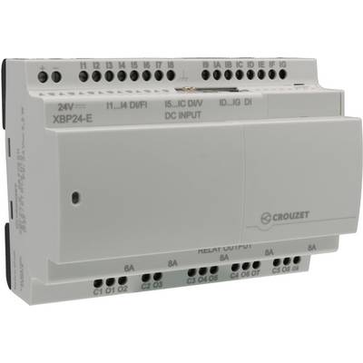Un appareil électronique gris portant le logo Crouzet, doté de plusieurs connexions et portant des inscriptions telles que 'ENTRÉE CC' et 'SORTIE RELAIS'.