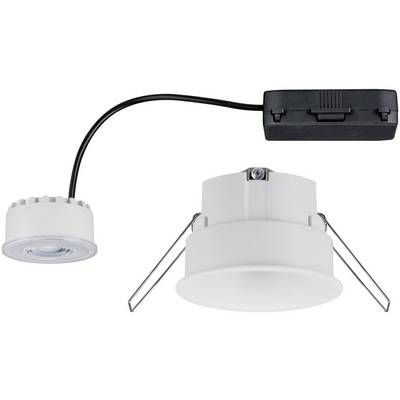 Un spot encastrable rond blanc avec éclairage LED et câble, relié à un boîtier de connexion noir.