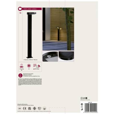 Lampadaire extérieur avec détecteur de mouvement, hauteur 95 cm, présente des images de la lampe de jour comme de nuit. L'emballage comprend des instructions de montage.