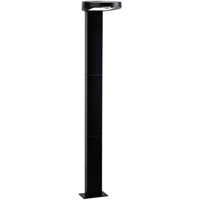 Luminaire extérieur moderne noir avec socle rectangulaire et tête lumineuse circulaire orientée vers le bas.